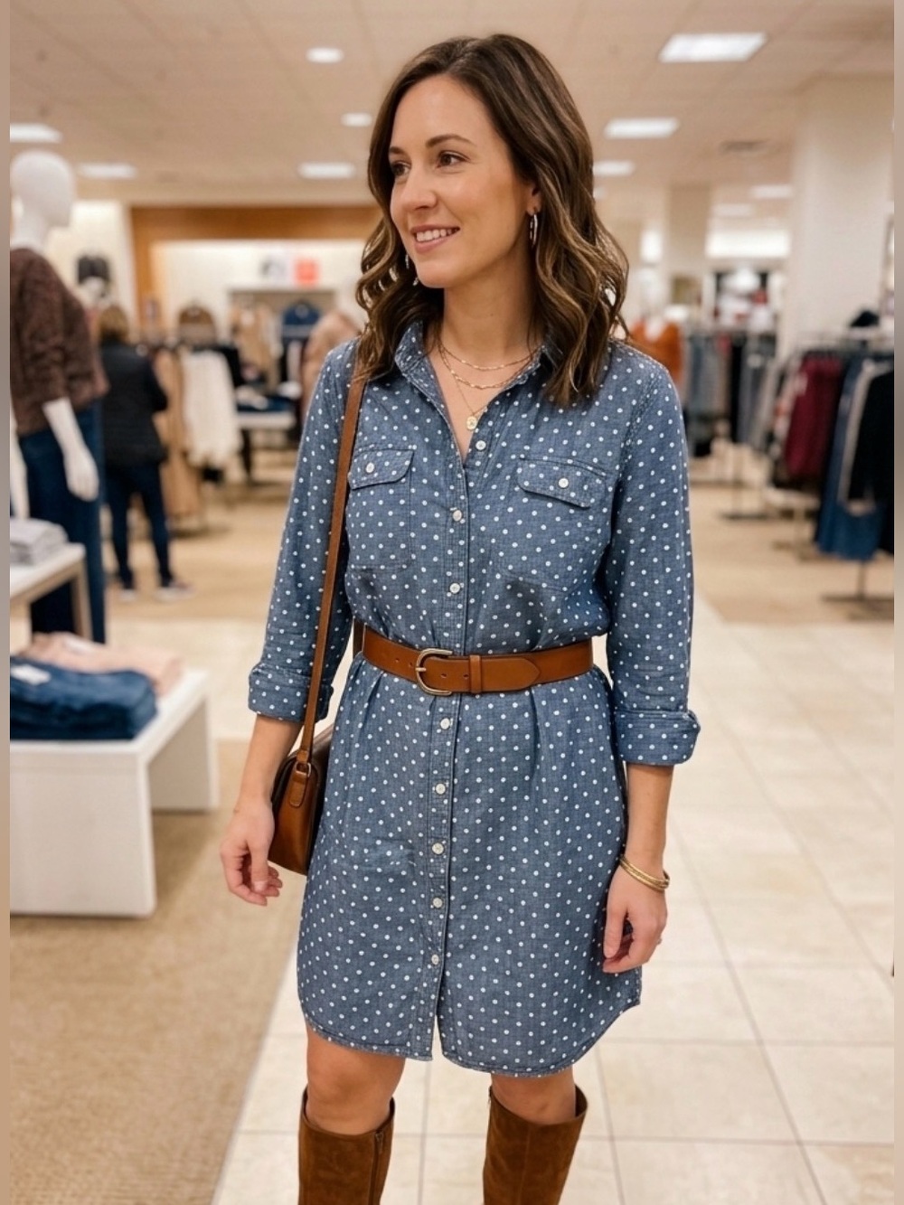 Talbots Women’s Blue Chambray Polka Dot Preppy Coastal Size 12 Shirt Dress